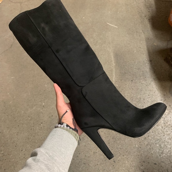 Knee High Block Heel Boots in Black Faux Suede, Women’s - Picture 9 of 14